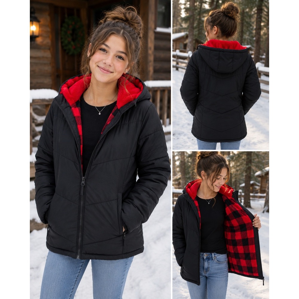 SwissTech Girls XL 14-16 Black Puffer Coat Red Fleece Buffalo Plaid Hood